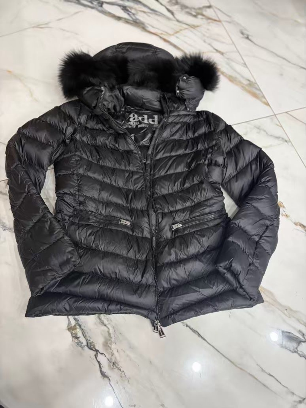 Add Down Black Quilted Puffer Jacket with Faux-Fur Trim Hood